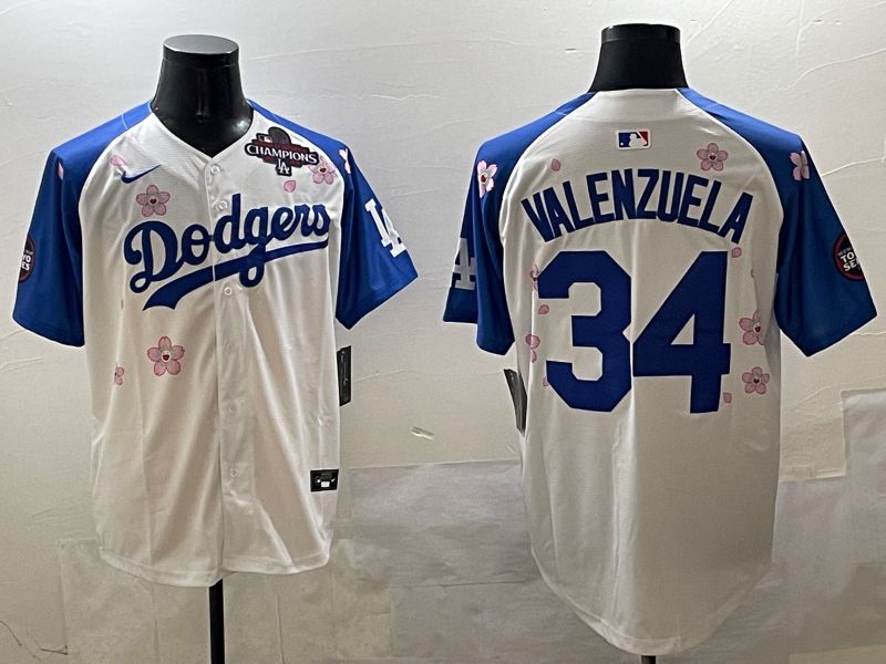 Men Los Angeles Dodgers #34 Valenzuela White Blue Sakura Edition 2025 Nike MLB Jersey style 2->los angeles dodgers->MLB Jersey